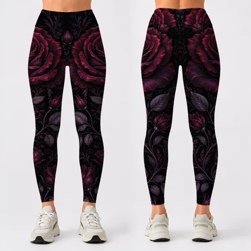 Crimson Black Rose Gothic Floral For Yoga Gym Fitness Running And Everyday Style Leggings