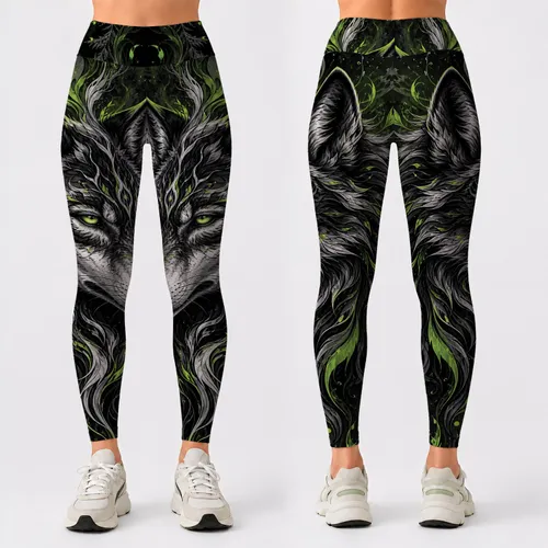 Neon Green Wolf Portrait In Dark Forest Night Style For Gym, Yoga, And Streetwear Leggings