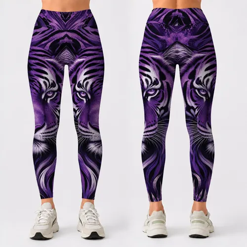 Fierce Violet Tiger Face With Lavender Eyes For Bold Streetwear And Gym Style Looks Leggings