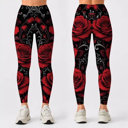 Crimson Rose And Silver Filigree On Black For Elegant Date Nights And Gothic Romance Leggings