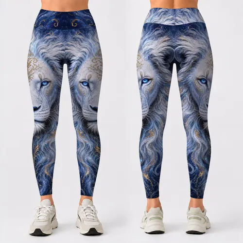 Regal White Lion Spirit With Icy Blue Gold Fantasy Vibes For Festival Streetwear Leggings