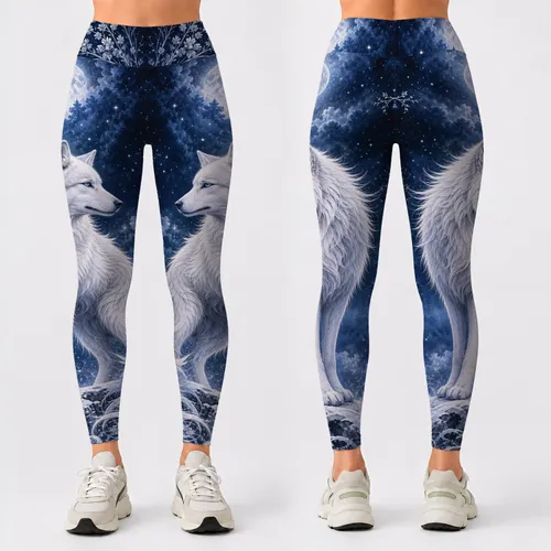 Moonlit Arctic Wolf With Snowy Celestial Night Sky For Elegant Casual Dressy Outfits Leggings