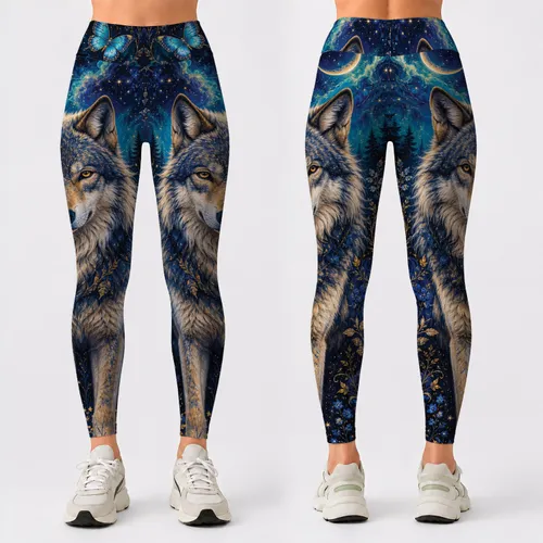 Majestic Wolf With Turquoise Butterflies For Magical Woodland Yoga And Festival Style Leggings
