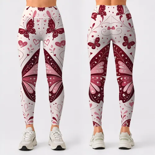 Wine Red Butterfly Hearts On Ivory For Cozy Boutique Loungewear And Lounge Days At Home Leggings