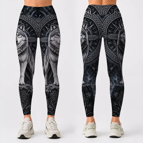 Nordic Gray Wolf With Celtic Knot Emblem For Viking Goth Festival Style Women Outfit Leggings