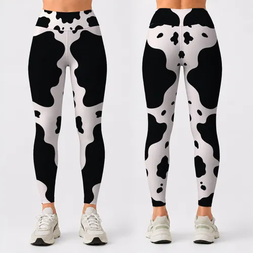 Elegant Black White Cowhide Spots Western Chic Rodeo Festival Outfit Style For Women Leggings