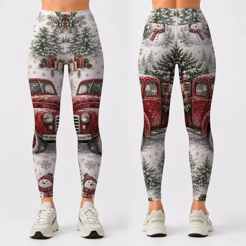 Vintage Red Christmas Truck Snowman Cardinals Cozy Holiday Farmhouse Winter Style Leggings