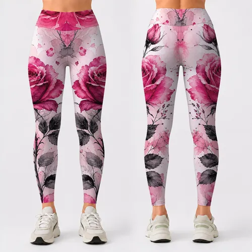 Watercolor Magenta Rose Bouquet Romantic Floral Style For Casual Everyday Outfits Leggings