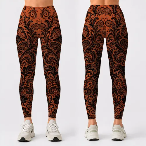 Gothic Black Lace Filigree On Burnt Orange Copper For Halloween Festival Wear Style Leggings