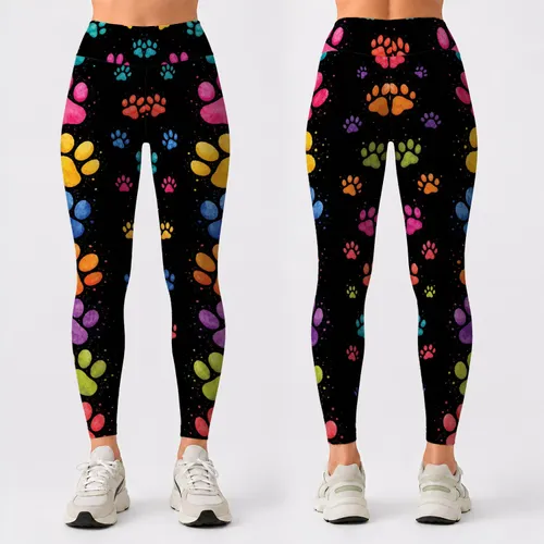 Colorful Paw Tracks On Black For Pet Lover Fitness, Yoga, And Casual Streetwear Style Leggings