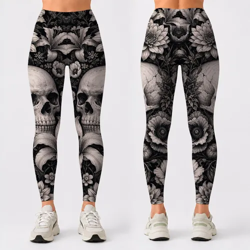 Gothic Skull And Grayscale Florals For Dark Romantic Festival Streetwear Style Look Leggings