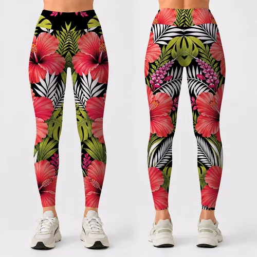 Tropical Hibiscus Palm Fronds On Black For Resort Yoga Streetwear Plus Size Women Leggings
