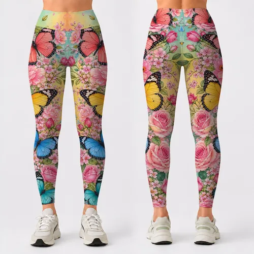 Rainbow Rose Butterfly Garden Garland For Spring Festival Yoga And Boutique Streetwear Leggings