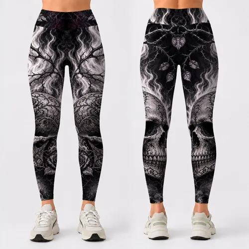 Gothic Skull Flames Dark Rose Thorn Nocturnal Fantasy For Gym Yoga Streetwear Women Leggings