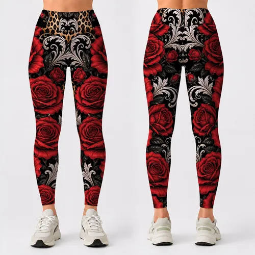Crimson Roses Leopard Baroque Scrolls For Valentine Date Night Glam Style Women Look Leggings