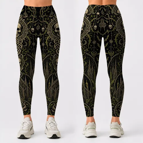 Norse Gothic Celtic Knot Skull Totem With Bats For Halloween Occult Forest Style Leggings