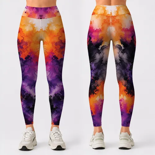 Orange Violet Cloud Tie Dye Ombre For Yoga, Gym Workouts, Festival Streetwear Style Leggings