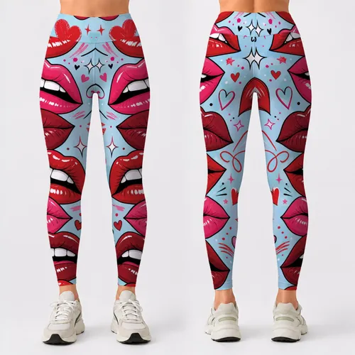 Cherry Lipstick Kisses And Hearts For Valentines Pop Art Yoga Lounge Style Women Leggings