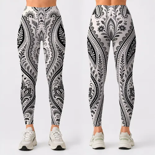 Black Gray Paisley Bandana Boho Ornament For Yoga Studio Lounge And Festival Style Leggings