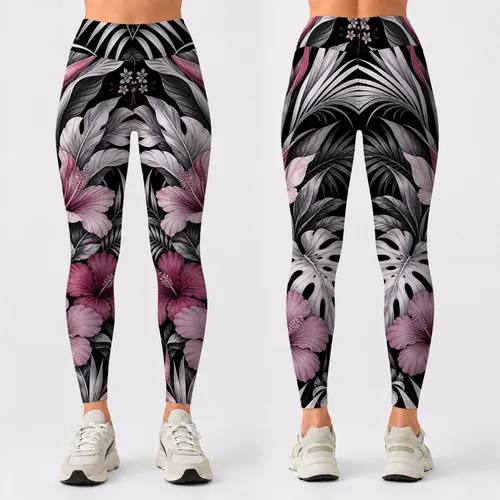 Monochrome Tropical Rainforest Botanicals For Yoga Gym Running And Athleisure Style Leggings