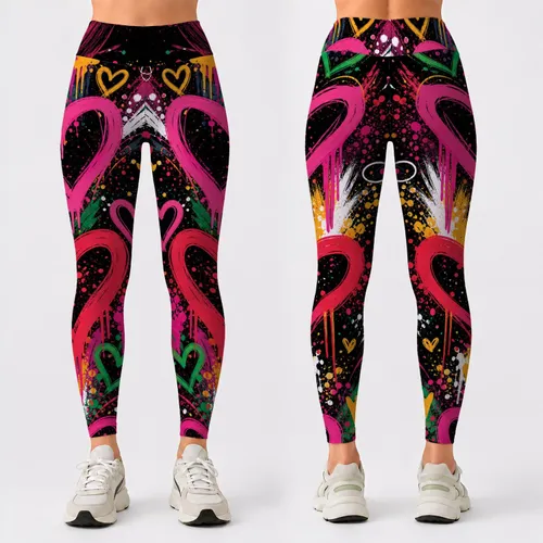 Neon Graffiti Hearts With Paint Splatter Streetwear Workout Festival Style For Women Leggings