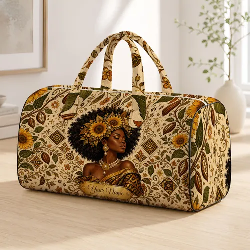 Black Woman With Golden Sunflower Crown Afro Heritage Holiday Travel Gift For Her Quilted Weekend Bag