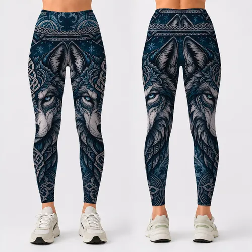 Nordic Tribal Wolf Head With Teal Norse Knotwork For Yoga Gym Outdoor Festival Women Leggings