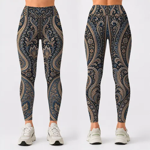 Bohemian Paisley Arabesque In Navy Beige For Festival Yoga Fashion Women Boutique Style Leggings