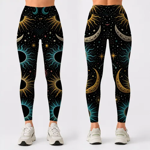 Celestial Eclipse Suns And Crescent Moons For Boho Festival Yoga And Lounge Style Leggings