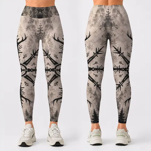 Black Tribal Compass Sigil And Misty Pine Forest For Gothic Wilderness Outdoor Style Leggings