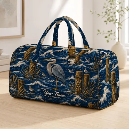 Great Blue Heron And Ocean Waves Gift For Coastal Escapes And Beach Travel Lovers Quilted Weekend Bag