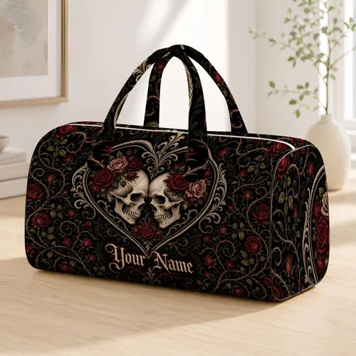Gothic Skull Rose Heart Overnight Travel Gift For Dark Romantic Fashion Enthusiasts Quilted Weekend Bag