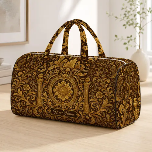 Antique Gold Baroque Filigree Medallion For Luxury Travel, Gym, Beach, And Getaways Quilted Weekend Bag