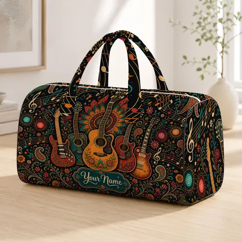 Boho Music Festival Guitars With Folk Florals For Concert Travel And Road Trip Lovers Quilted Weekend Bag