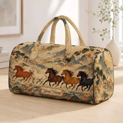 Galloping Horses With East Asian Mountains For Heritage Travel Style And Equestrians Quilted Weekend Bag