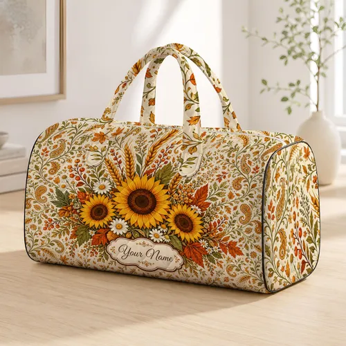 Autumn Sunflower Wheat Bouquet With Ivory Nameplate For Fall Travel And Harvest Gifts Quilted Weekend Bag