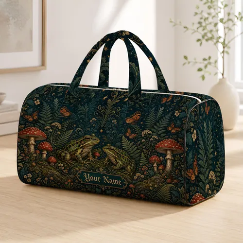 Vintage Frog And Red Mushroom Medieval Forest Cottagecore Overnight Getaway Gift For Her Quilted Weekend Bag