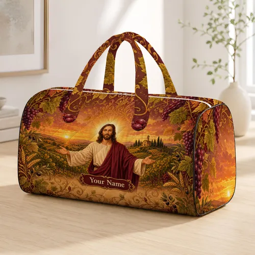Jesus Shepherd Vineyard Sunset With Grapes For Christian Retreats And Faith Travel Quilted Weekend Bag