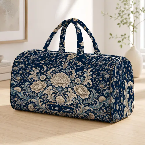 Navy Ivory Botanical Damask Floral Medallion For Coastal Resort Vacations Women Style Quilted Weekend Bag