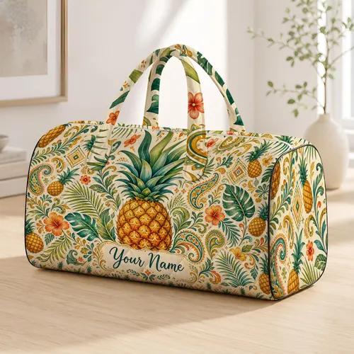 Golden Pineapple Tropical Boho Palm Florals For Beach Vacation Resort Travel Lovers Quilted Weekend Bag