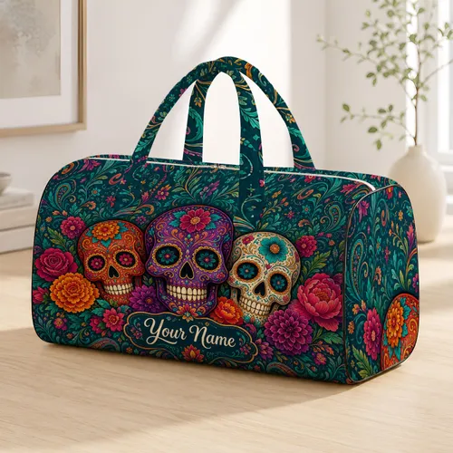 Day Of The Dead Sugar Skulls With Marigold Florals For Travel, Gym, And Daily Style Quilted Weekend Bag