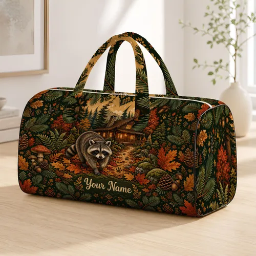 Cute Raccoon Log Cabin Autumn Woodland Leaves Cozy Camping Travel Gift For Nature Fans Quilted Weekend Bag