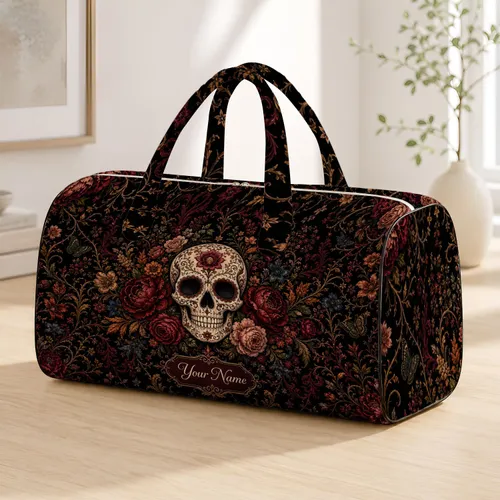 Gothic Sugar Skull With Crimson Roses Dark Floral Halloween Travel Romance For Women Quilted Weekend Bag