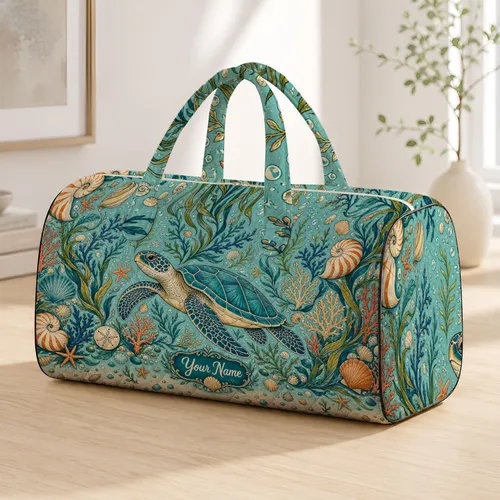 Sea Turtle Seagrass Shell Coastal Summer Vacation Beach Getaway Gift For Ocean Lovers Quilted Weekend Bag