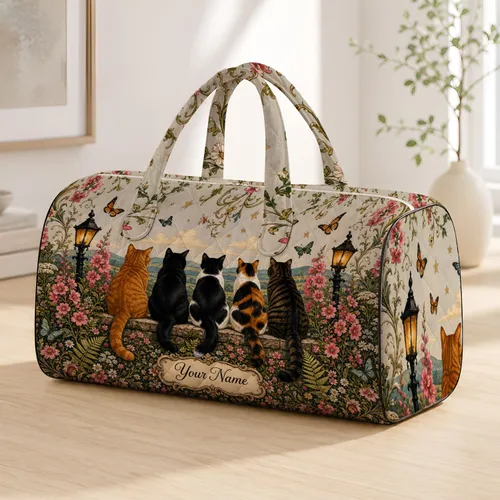 Retro Five Cats With Wildflowers And Lampposts For Countryside Travel Gifts For Cat Lovers Quilted Weekend Bag