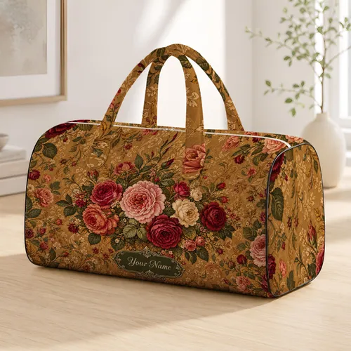 Retro Rose Garden Florals With Olive Cartouche For Autumn Holiday Travel Gifts For Her Quilted Weekend Bag