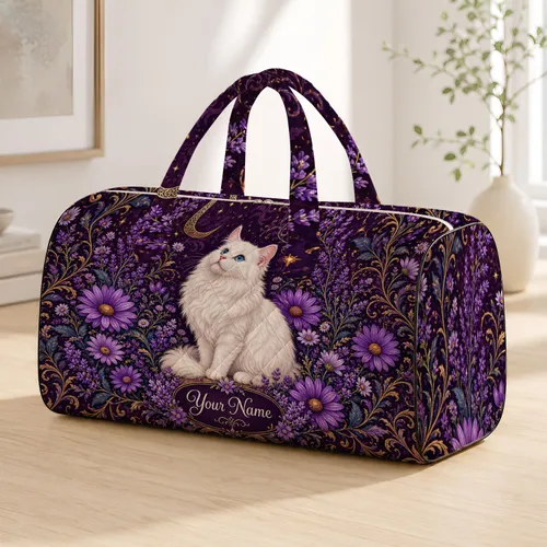 Regal White Cat With Purple Daisies Vintage Floral Overnight Getaway For Women Cat Lovers Quilted Weekend Bag