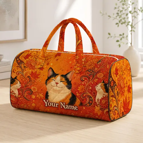 Smiling Calico Cat Autumn Florals With Name For Cat Lovers And Fall Travel Style Quilted Weekend Bag