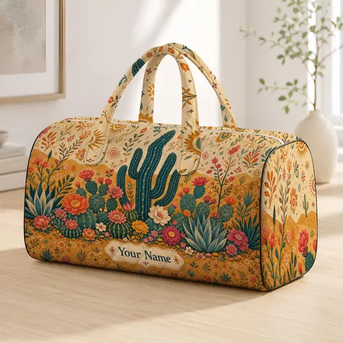 Southwestern Cactus Garden With Desert Florals For Boho Getaways And Resort Style Quilted Weekend Bag