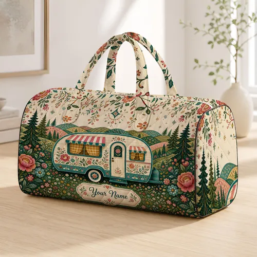 Retro Countryside Camper With Folk Florals For Road Trip Getaways And Nature Lovers Quilted Weekend Bag